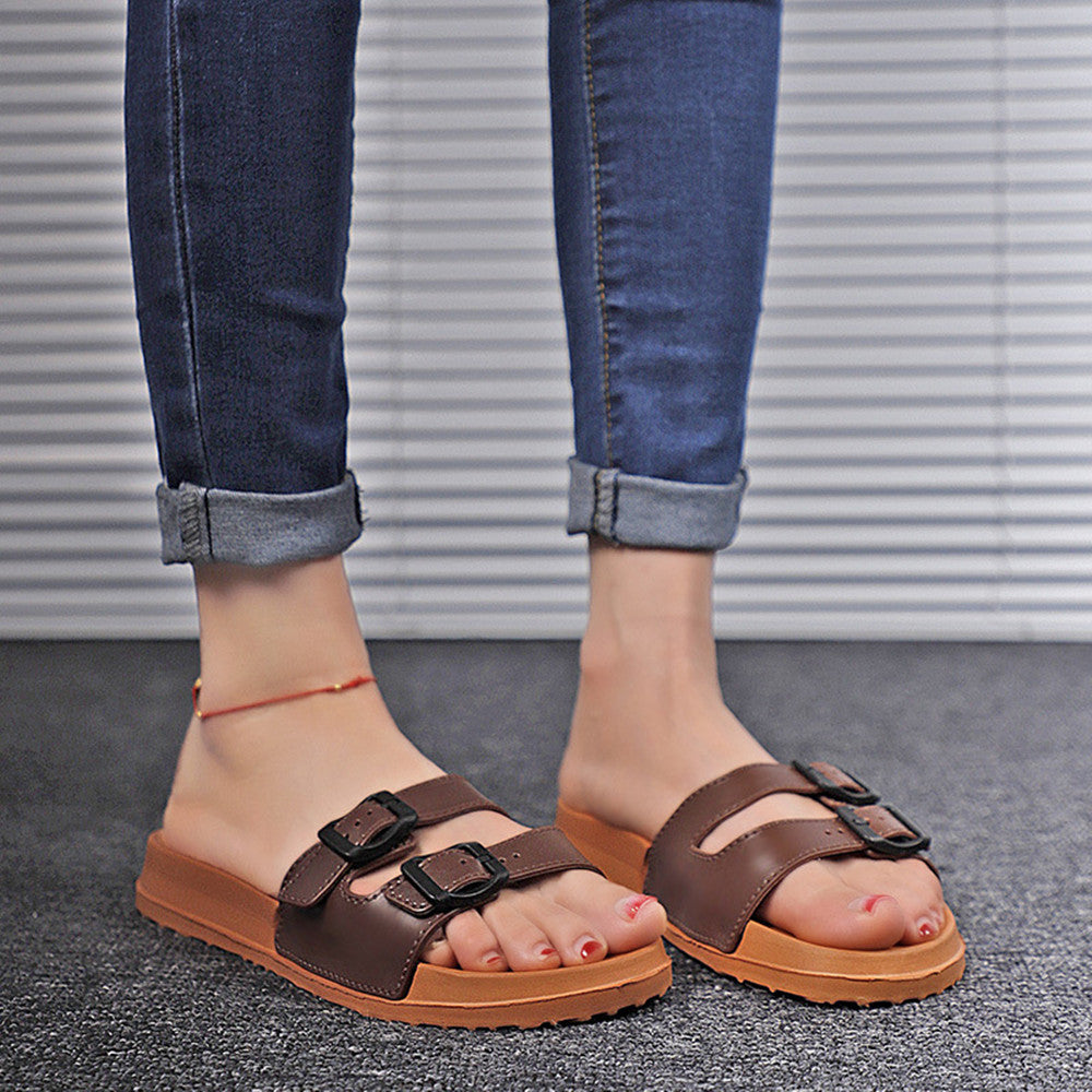 Women's Retro Flat Fashion Sandals With Two Straps And Double Buckles