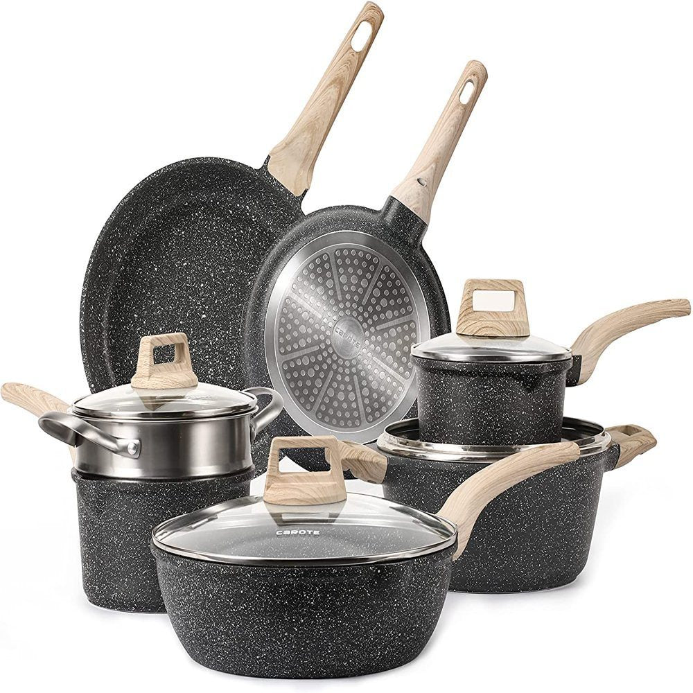 Nonstick Pots and Pans Set;  11 Pcs Granite Stone Kitchen Cookware Sets (Black)