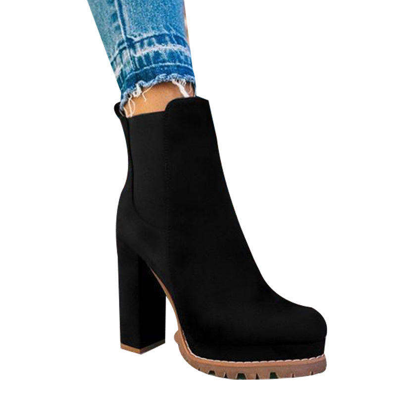 Slip On Short Boots Women's High Heels Platform Autumn Shoes Ladies Booties Retro Plus