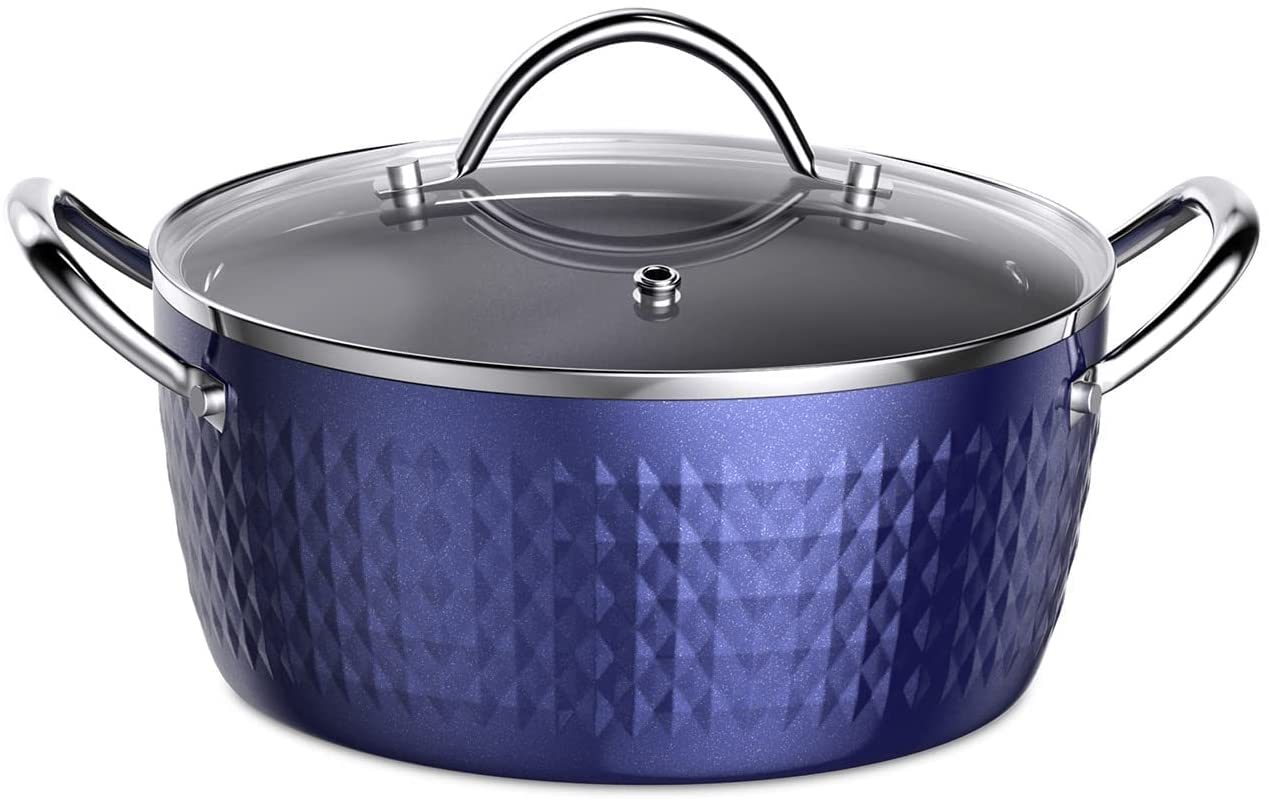 3.7 Quart Cooking Soup Pot with Lid, Small Nonstick Soup Pot with Lid, Round Small Soup Pot 3.3 L, Blue Nonstick Induction Stock Pot, 100% Bpa Free Anodized Healthy Ceramic