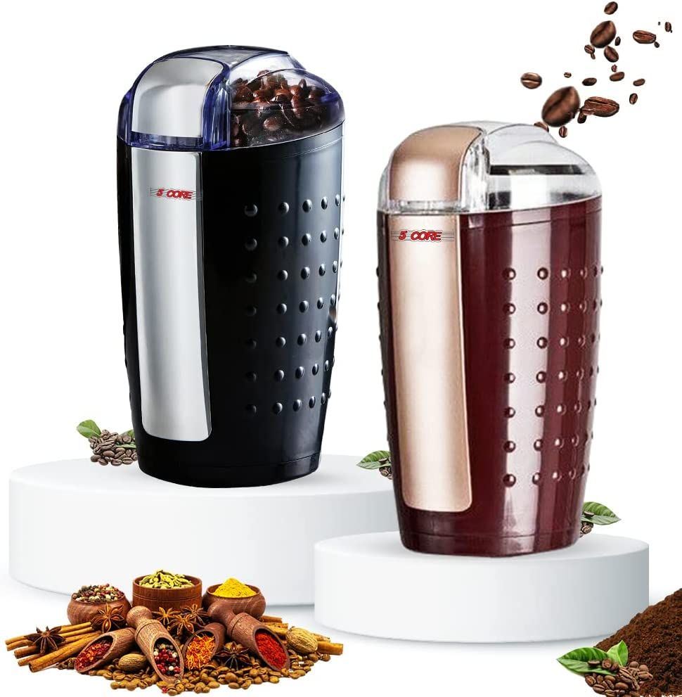 5 Core 2 Pack 5 Ounce Electric Coffee and Spice Grinder 150W Large Portable Compact with Stainless Blade Grinder Perfect for Spices; Dry Herbs Grinds Coarse Fine Ground Beans for 12 Cups Coffee Pair