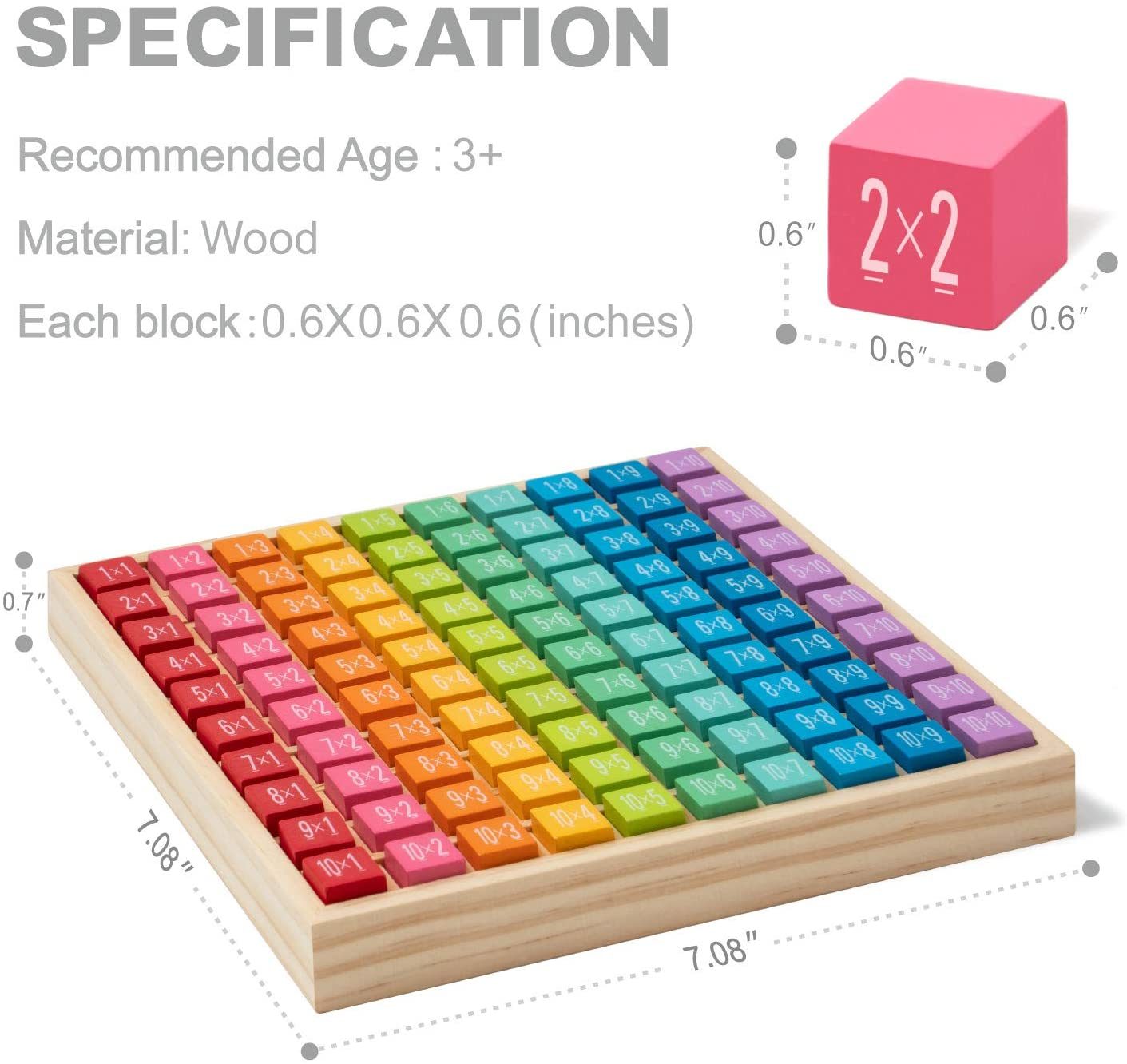 Wooden Multiplication & Math Table Board Game, Kids Montessori Math Manipulatives Learning Toys Gift, Aged 3 Years Old and Up - 100 Wooden Counting Blocks