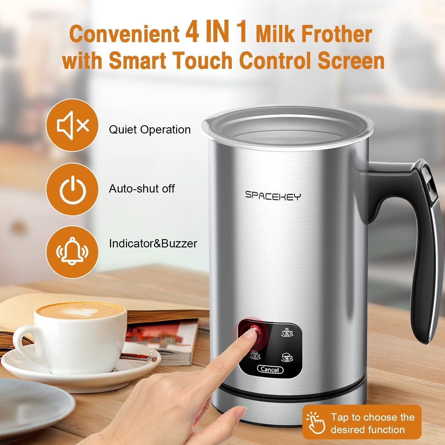 Milk Frother, 10oz/300ml Electric Milk Warmer with Touch Screen, 4.7oz/140ml Hot & Cold Foam Maker with Buzzer, 4 IN 1 Spacekey Automatic Stainless Steel Milk Steamer for Coffee and Latte, Silver