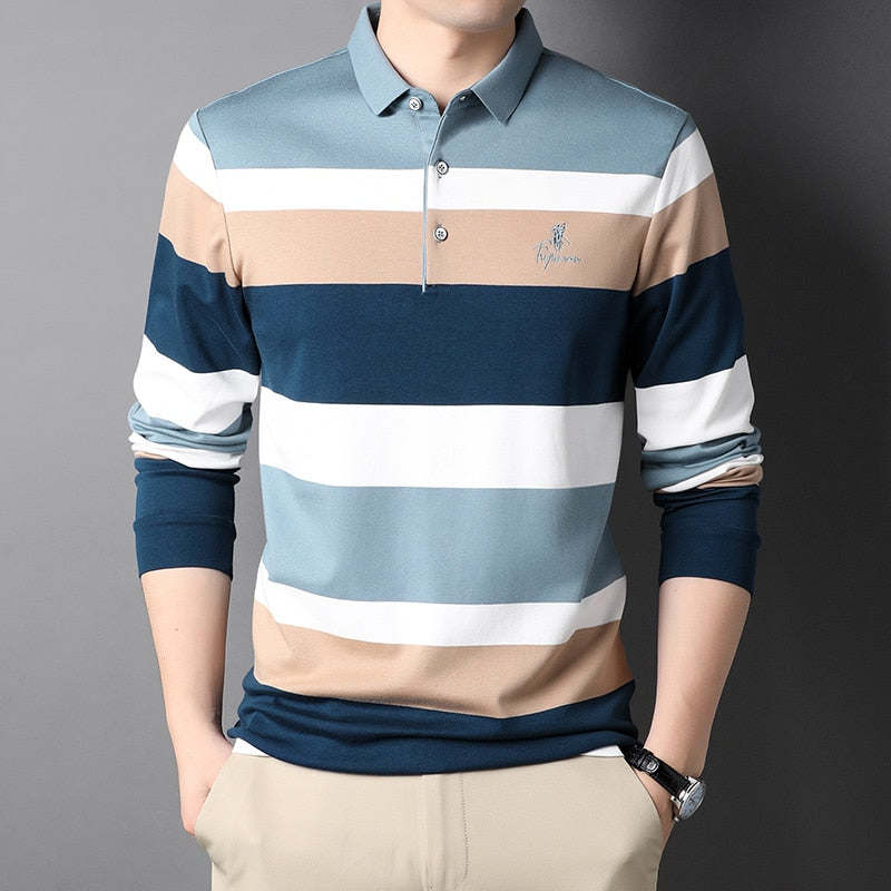 Top Grade Cotton New Fashion Designer Logo Brand Stripped Luxury Mens Polo Shirt With Long Sleave Casual Tops Men Clothing