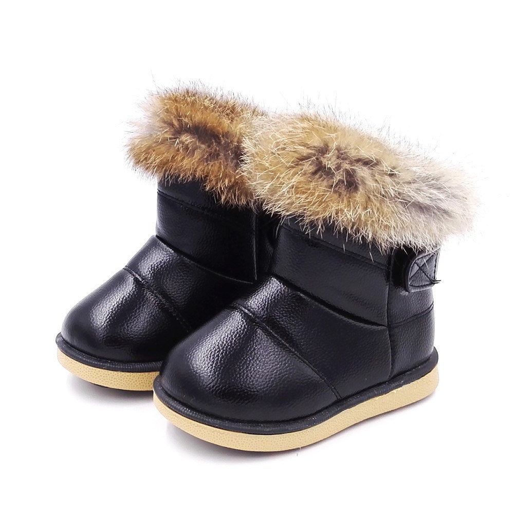 "Stay Warm and Stylish with New Winter Baby Girls Boots - Casual Warm Rabbit Fur, Mid-Calf Length, Slip-On Design, Platform Snow Boots Shoes"