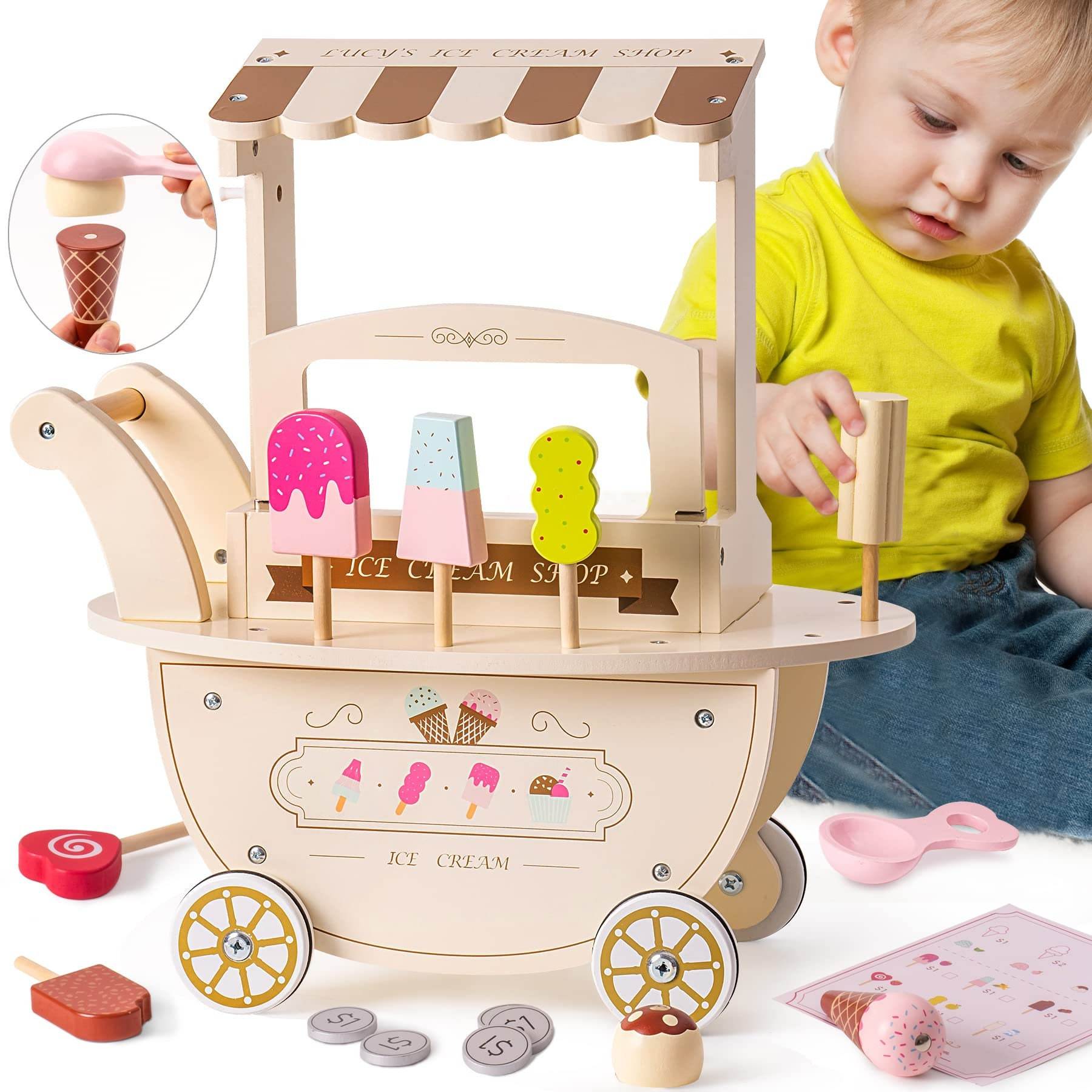 Ice Cream Cart for Kids Ice Cream Truck Toys for Kids Wooden Playset Toy Candy Cart Trolley Truck Pretend Play for Toddlers
