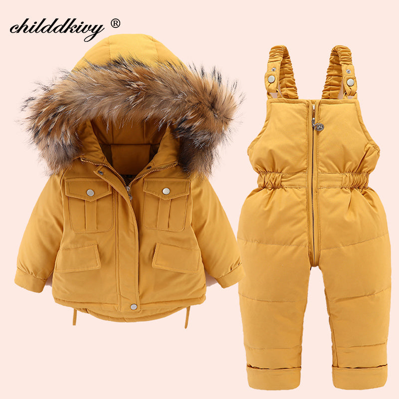 "Bundle Up in Style with 2pcs Set Baby Girl Winter Down Jacket and Jumpsuit - Thicken Warm Fur Collar Jacket for Girls, Infant Snowsuit for Children 0-4 Years"