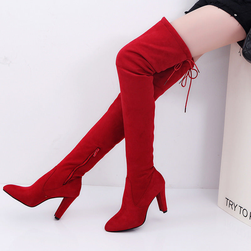 Over The Knee Pointed Toe Long Tube Flock Fashion Snow Boots Female All Match Elastic
