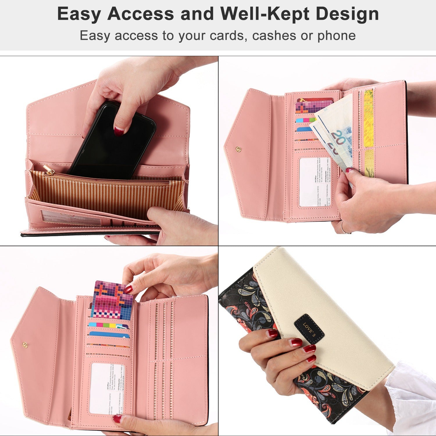 Women Wallet Soft Leather Trifold Clutch Purse Lady Long Purse Credit Card Holder Organizer Phone Pouch with Zipper Pocket