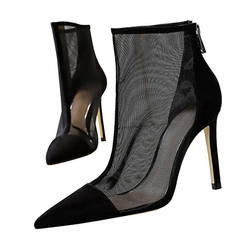 Sexy Mesh Ankle Boots Women's Pointed Toe Stiletto Heels Fashion Zip Ladies Party Shoes; women boots