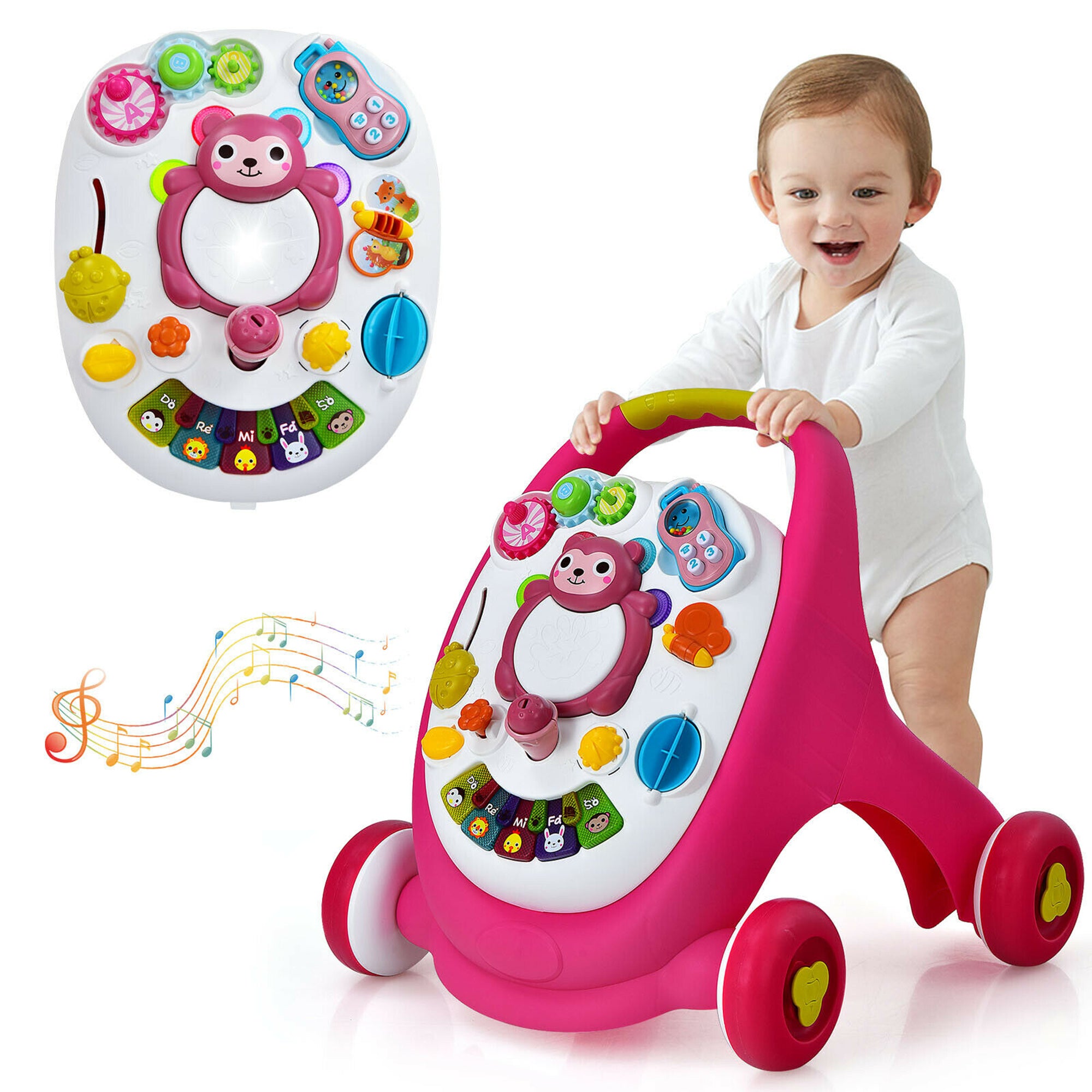 Sit-to-Stand Learning Walker Toddler Push Walking Toy w/Lights & Sounds Pink