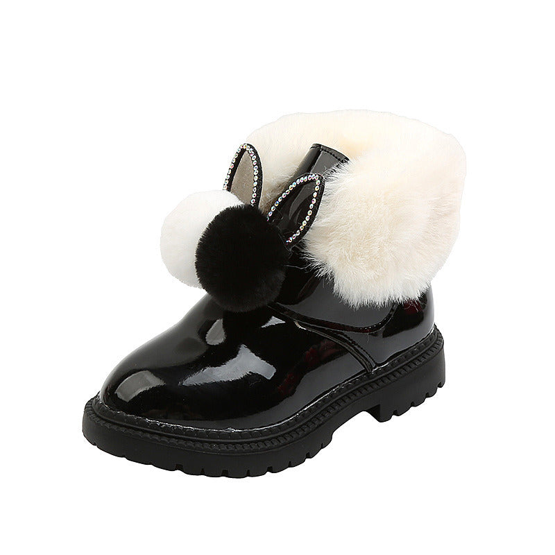 "Elevate Winter Style with New Platform Kids Snow Boots for Girls - Warmer Black Red Furry Ankle Boots, Lovely Rabbit Design, Velvet Lining"