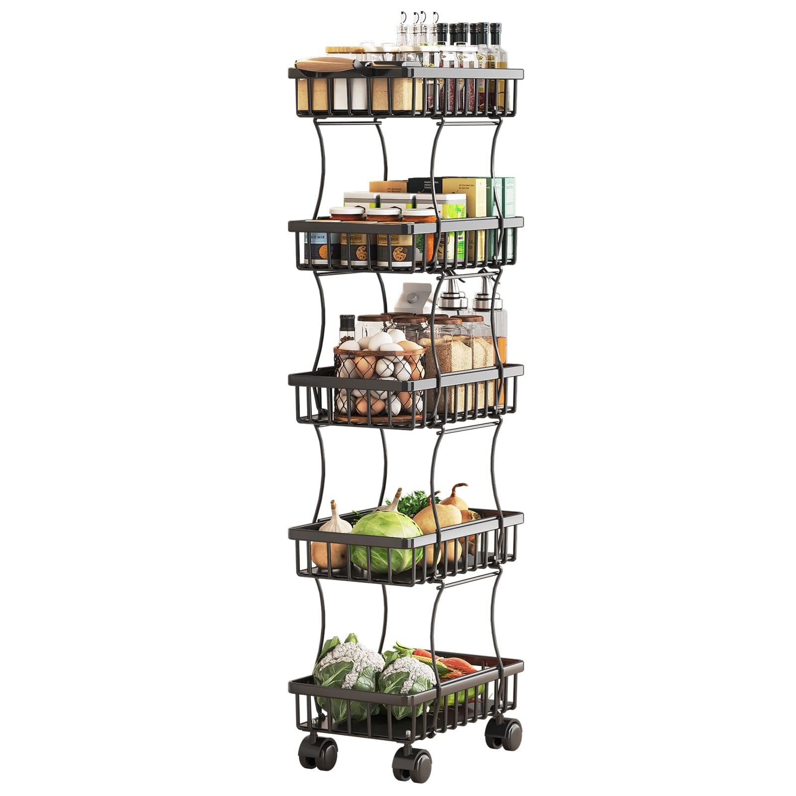 5 Tier Fruit Vegetable Basket for Kitchen, Storage Cart, Vegetable Basket Bins, Wire Storage Organizer Utility Cart with Wheels, Medium, Black