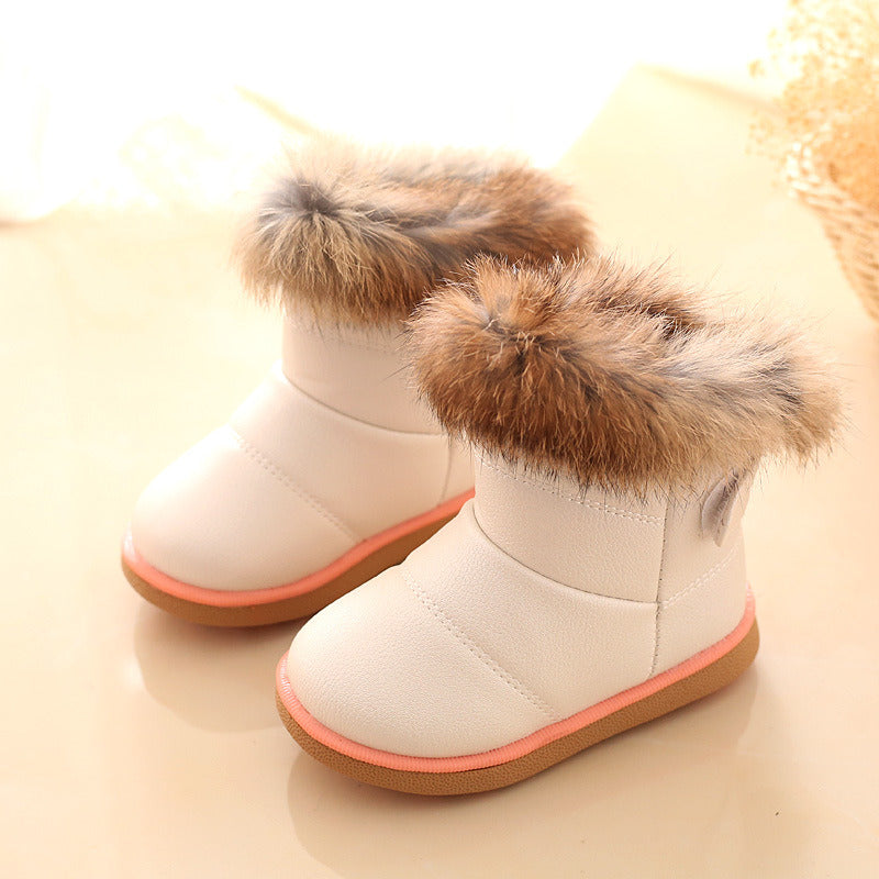 "Stay Warm and Stylish with New Winter Baby Girls Boots - Casual Warm Rabbit Fur, Mid-Calf Length, Slip-On Design, Platform Snow Boots Shoes"