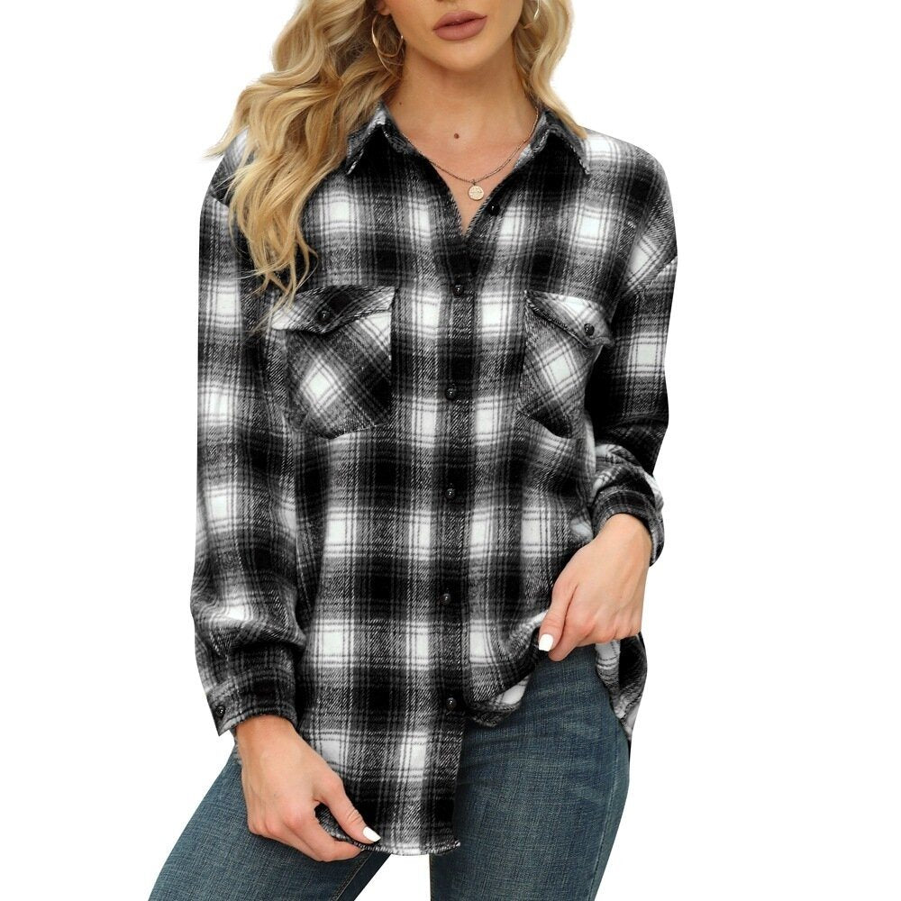 Womens Plaid Shirts Flannel Button Down Long Sleeve Shacket Jacket
