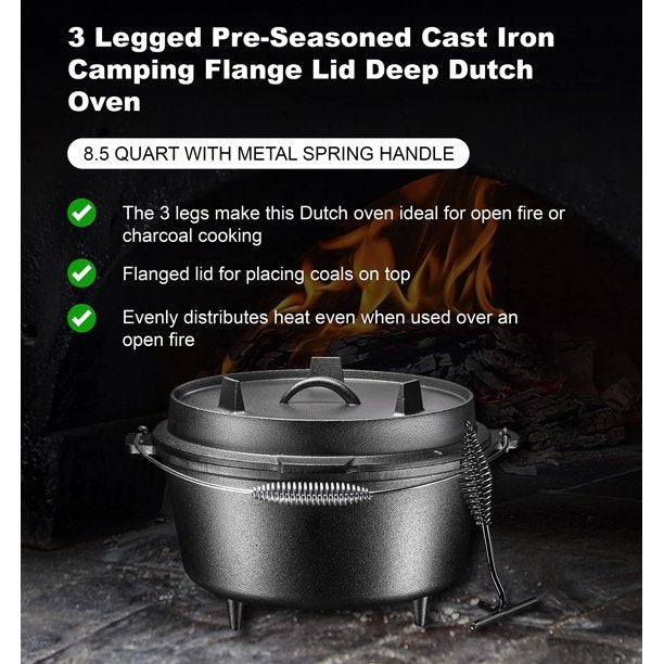 Pre-seasoned Cast Iron Dutch Oven with Flanged Iron Lid for Campfire or Fireplace Cooking;  Flat Bottom 8-qt
