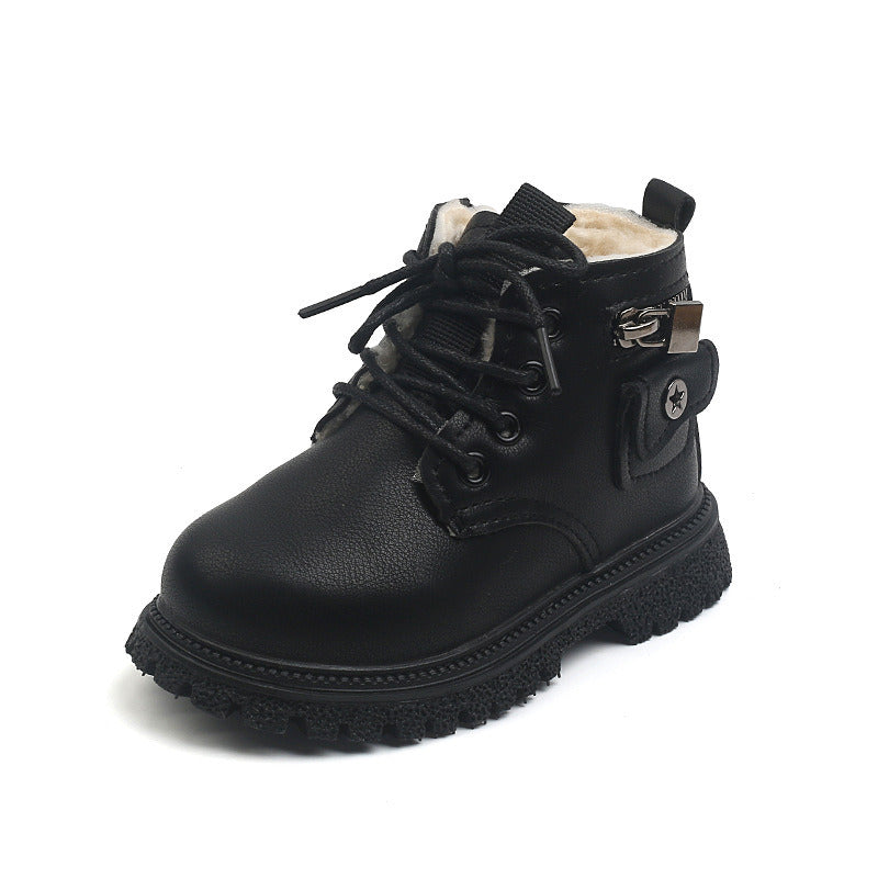 Winter New Children England Style Short Boots for Boys - Handsome Warm Plush Boots Shoes with Girls Fashion Lock Decoration"