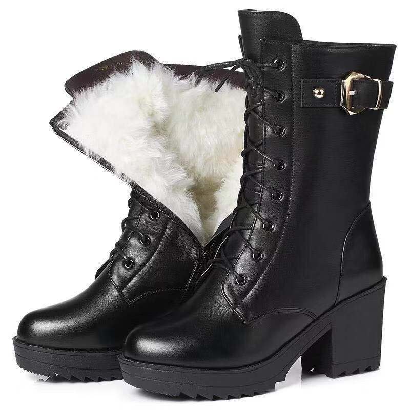 Thick Wool Warm Women High-heeled Genuine Boot High-quality Female Snow Boots Women Shoes