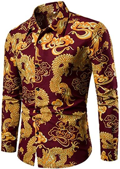 Men's Print Shirts 3D Pattern Dragon Slim Fit Button-Down Fashion Dress Long Sleeve Top Polo Shirt