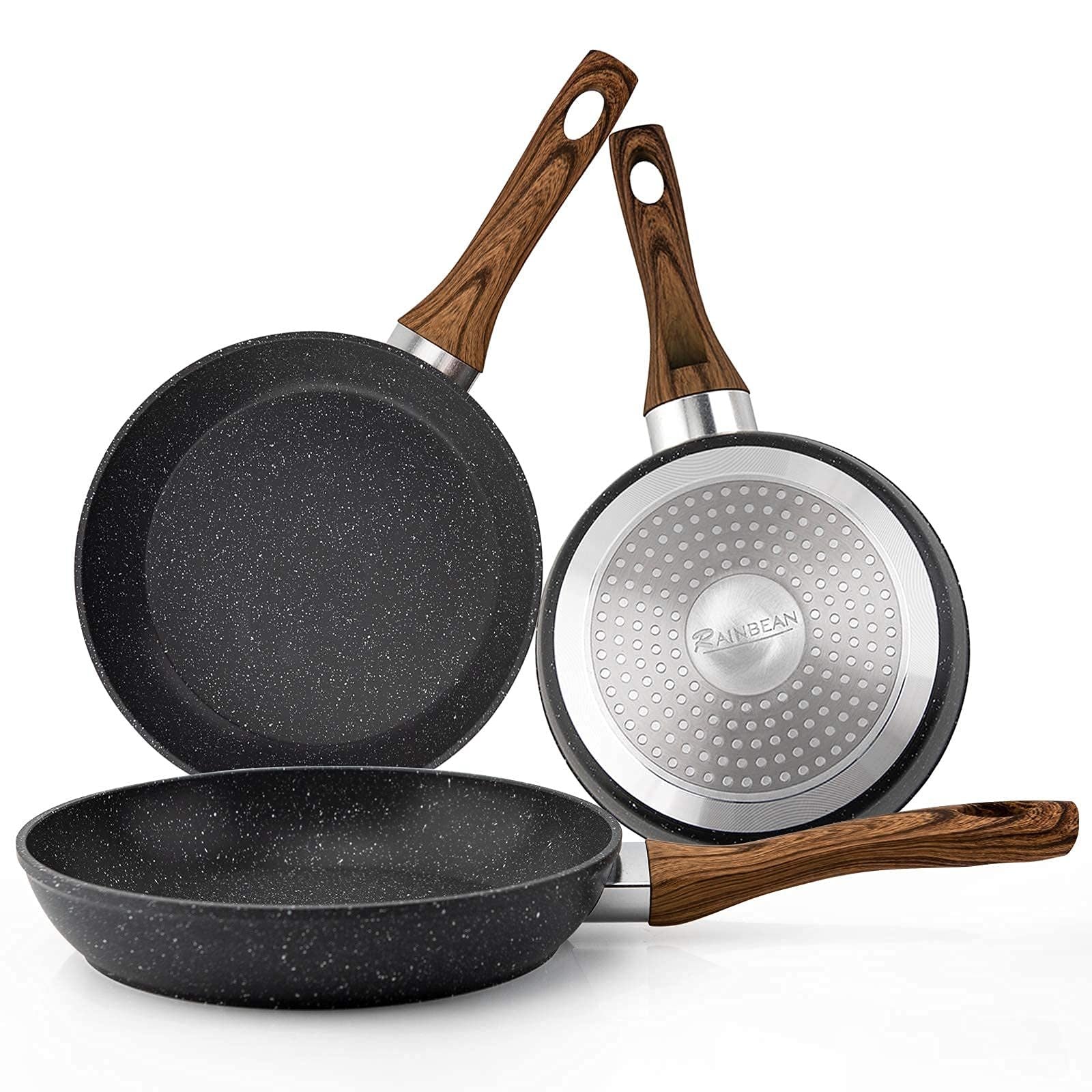 RAINBEAN Frying Pan Set 3-Piece Nonstick Saucepan Woks Cookware Set,Heat-Resistant Ergonomic Wood Effect Bakelite Handle Design,PFOA Free.(7/8/9.5 inch)
