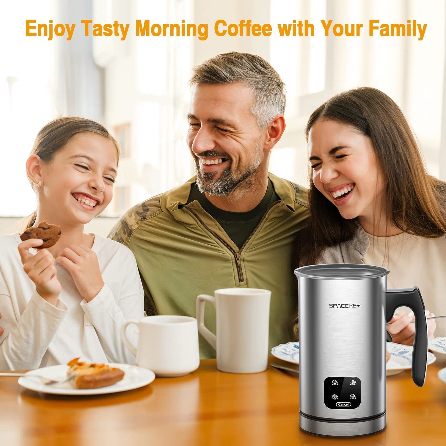 Milk Frother, 10oz/300ml Electric Milk Warmer with Touch Screen, 4.7oz/140ml Hot & Cold Foam Maker with Buzzer, 4 IN 1 Spacekey Automatic Stainless Steel Milk Steamer for Coffee and Latte, Silver
