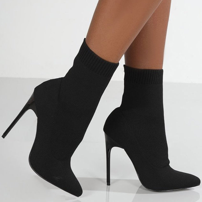 Knitted Ankle Boots Black Sock Women Heels Boots Female