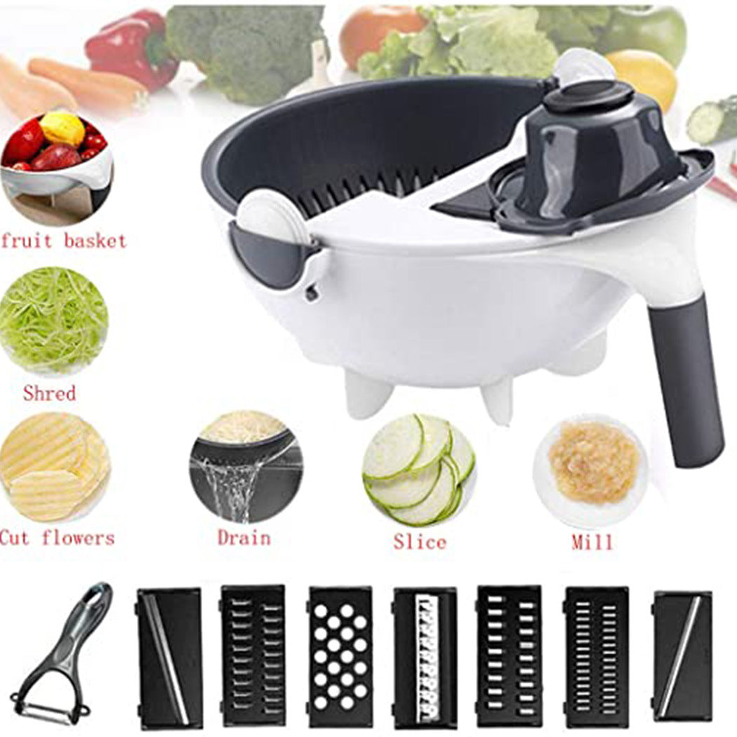 New 9 in 1 Multi-function Magic Rotate Vegetable Cutter with Drain Basket Large Capacity Vegetable Cutter Portable Slicer Chopper Grater Veggie Shredder Kitchen Tool