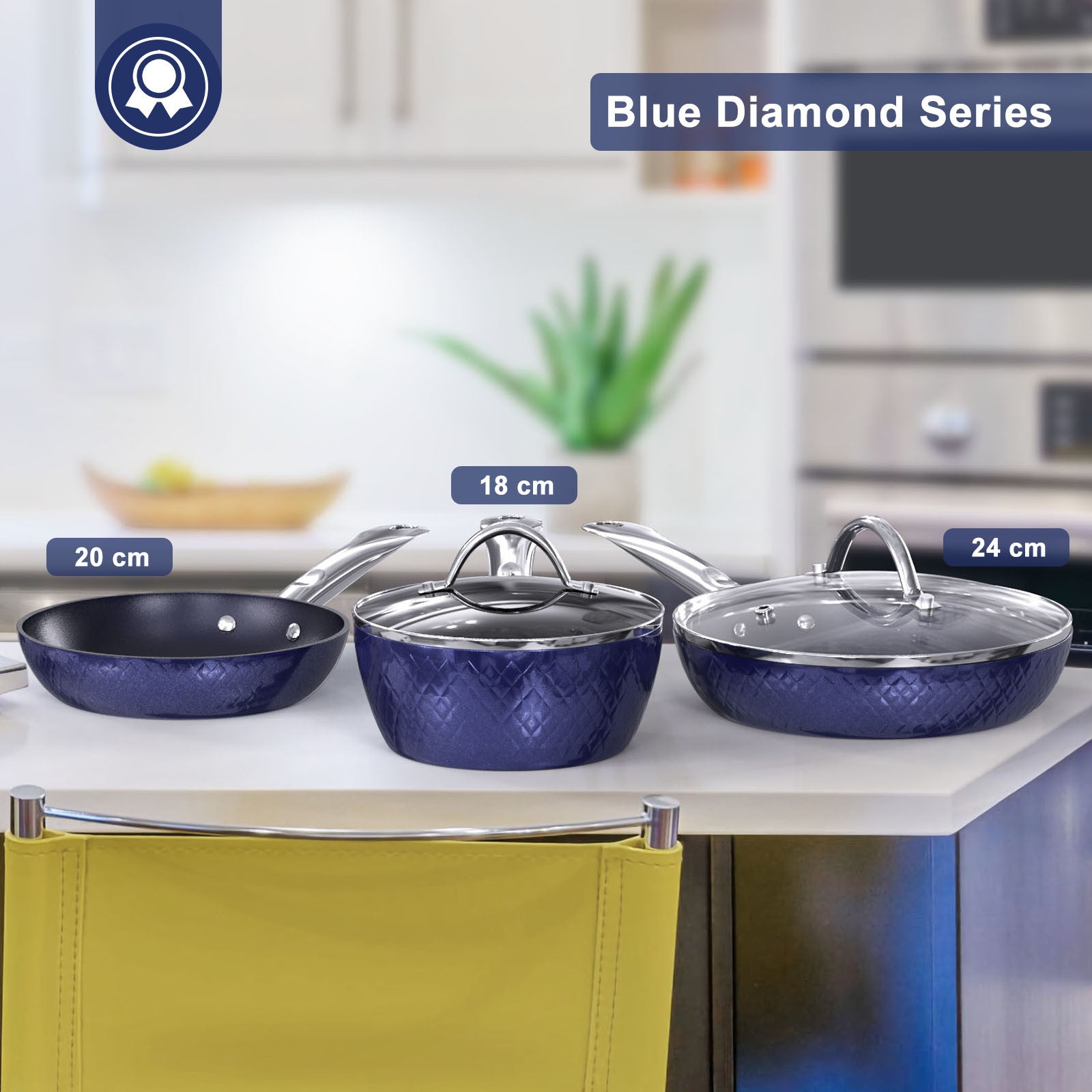 Frying Pan Sets Non Stick 3Pcs, Blue 3D Diamond Cookware, 20/24cm Frying Pan, 18cm Saucepan - Pots and Pans Set, Aluminum Ceramic Coating - Suitable for Induction Hob Oven RT