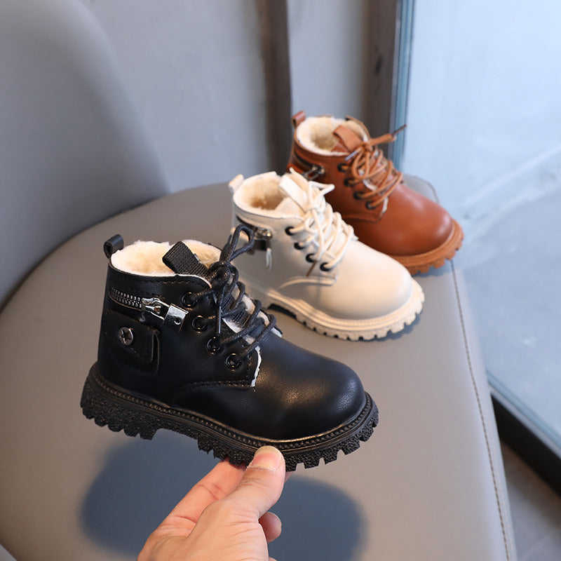 Winter New Children England Style Short Boots for Boys - Handsome Warm Plush Boots Shoes with Girls Fashion Lock Decoration"