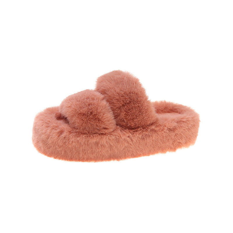 Warm Fluffy Fur Slippers For Women Flat Platform House Indoor Shoes Designer Size 42