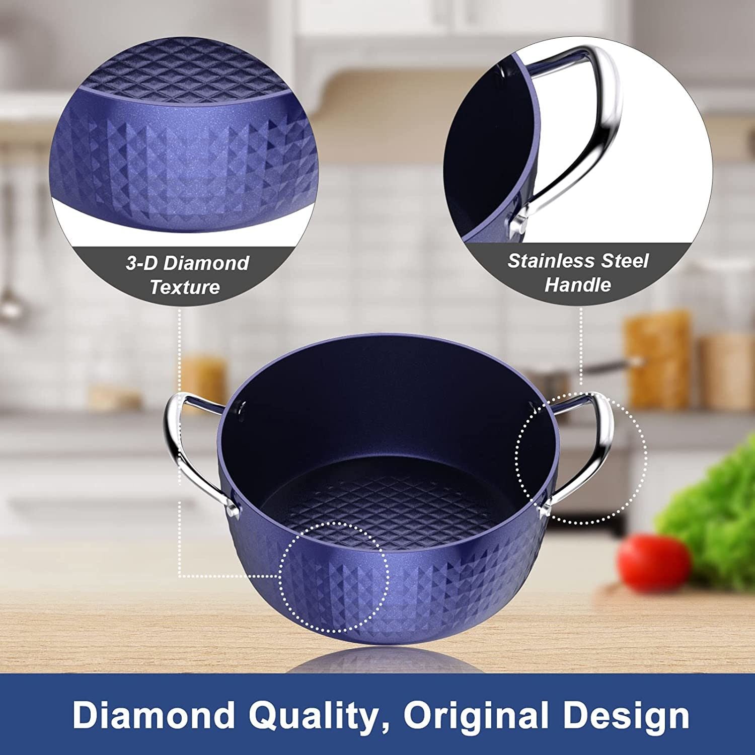 3.7 Quart Cooking Soup Pot with Lid, Small Nonstick Soup Pot with Lid, Round Small Soup Pot 3.3 L, Blue Nonstick Induction Stock Pot, 100% Bpa Free Anodized Healthy Ceramic