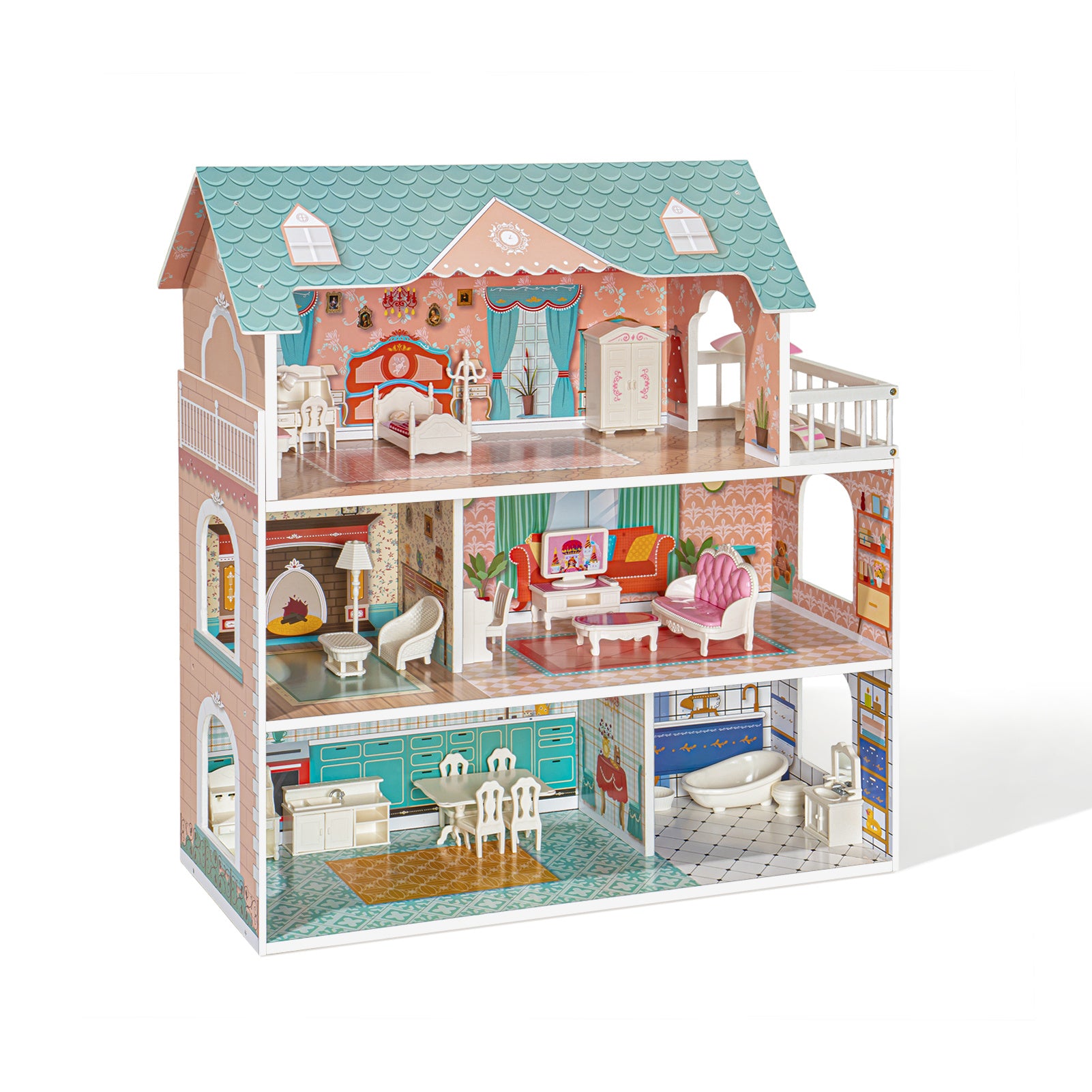 Modern Wooden Dollhouse for Kids; Birthday Presents for Toddler 3+