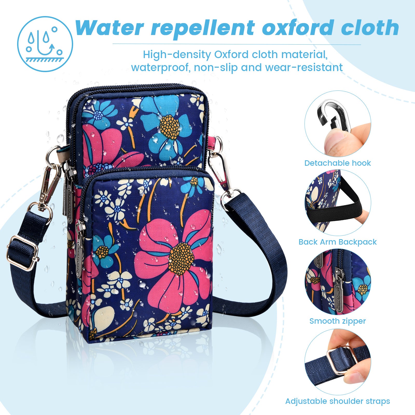 Flower Pattern Crossbody Cell Phone Purse For Women; 3-Layers Zipper Nylon Shoulder Bag; Sport Armband Wallet For Smartphone