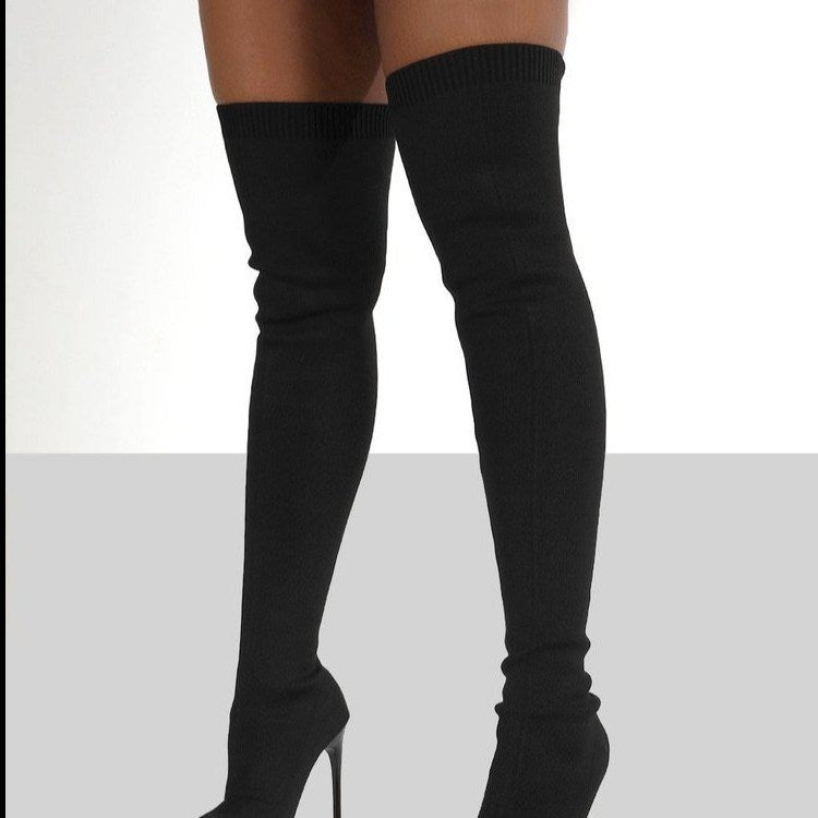 Pointy Toe Punk High Thin Heels Sock Boots Over The Knee Boots Autumn