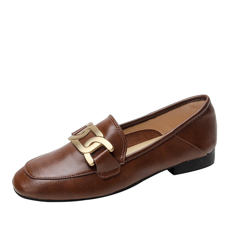 Women's loafers; women's flats; brown vintage genuine leather round scalp shoes