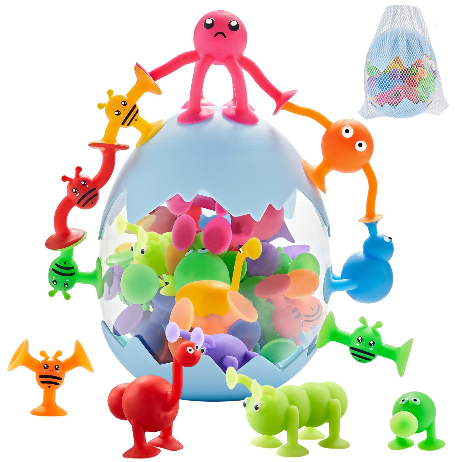 Suction Toys For Baby; Bath Toys For Kids Ages 4-8; 40pcs Toddler Stress Release Sensory Toys; Silicone Suction Cup Animal With Dinosaur Eggshell Storage; Educational Gift For Boys Girls Age 3+