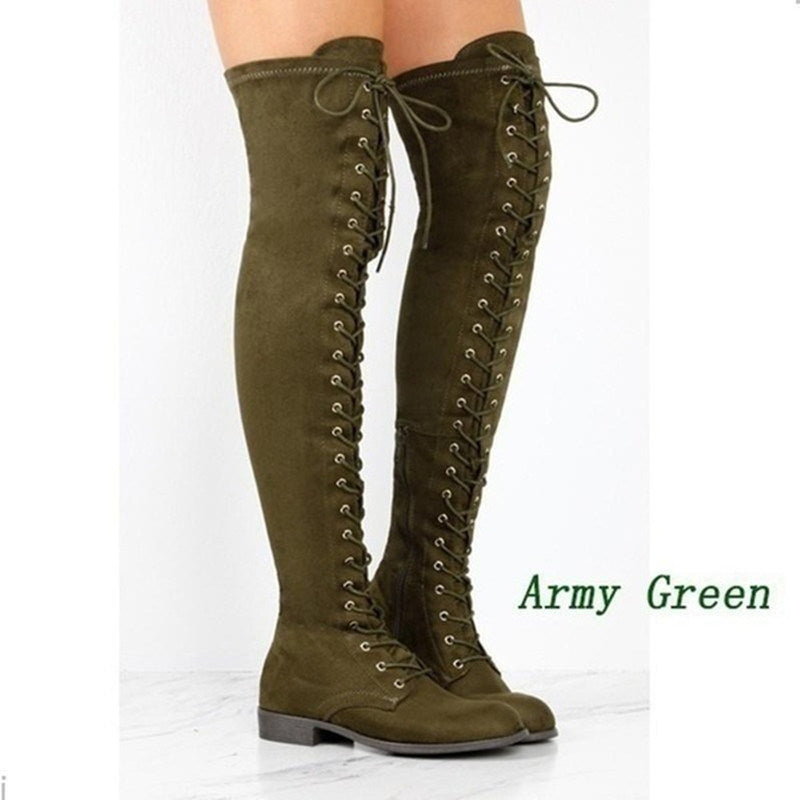 Over The Knee Heels Boots Flock Long Comfort Square Thigh High Boots
