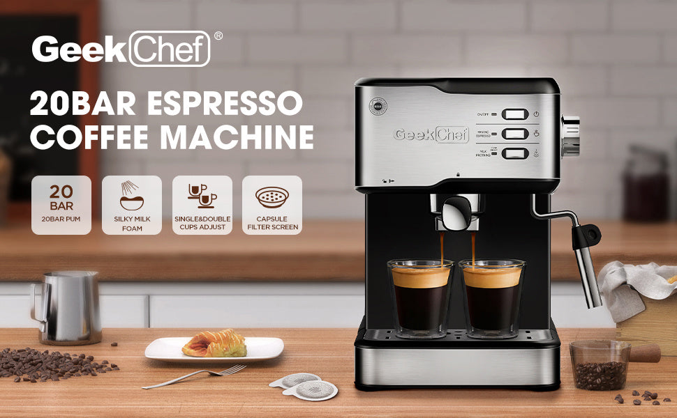 Geek Chef Espresso Machine;  Espresso and Cappuccino latte Maker 20 Bar Pump Coffee Machine Compatible with ESE POD capsules filter;  950W;  1.5L Water Tank(Banned selling Amazon)