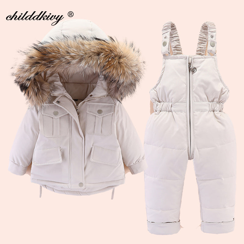 "Bundle Up in Style with 2pcs Set Baby Girl Winter Down Jacket and Jumpsuit - Thicken Warm Fur Collar Jacket for Girls, Infant Snowsuit for Children 0-4 Years"