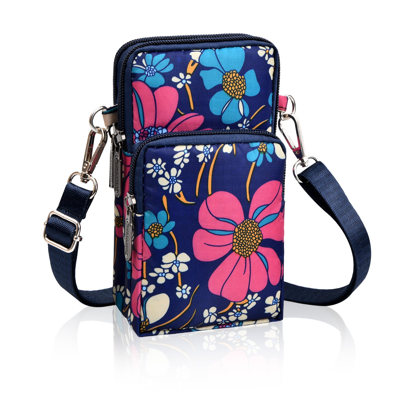 Flower Pattern Crossbody Cell Phone Purse For Women; 3-Layers Zipper Nylon Shoulder Bag; Sport Armband Wallet For Smartphone