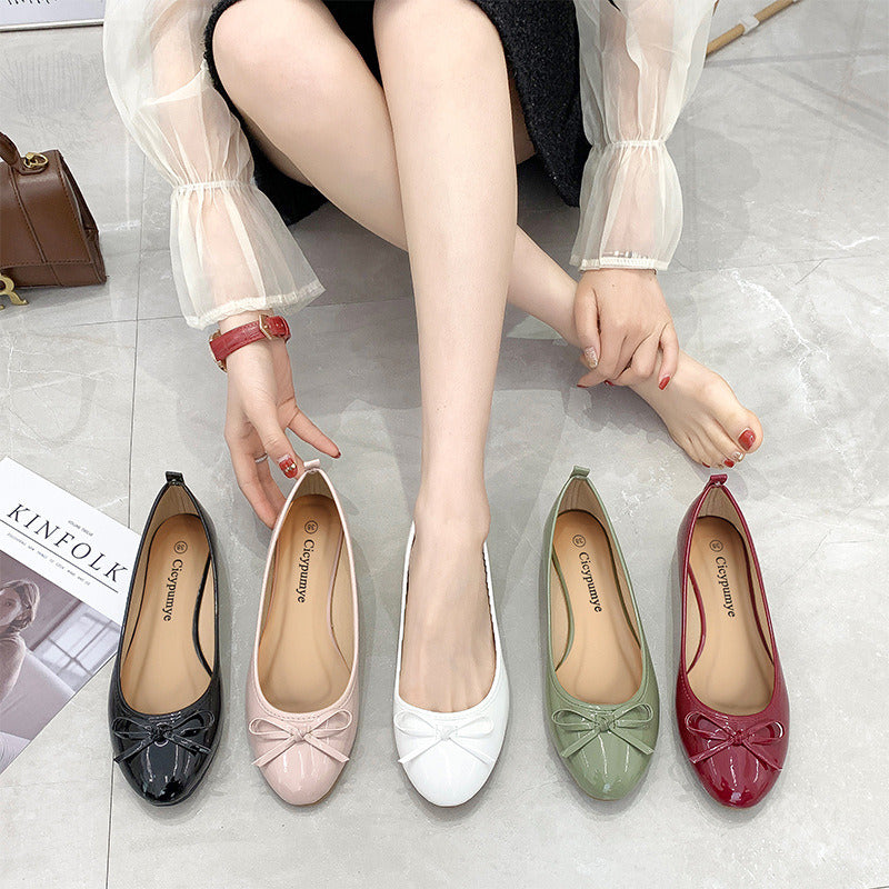 Women's ballet flat shoes; round head solid color flat shoes; bow knot women's casual shoes